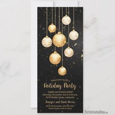 a black and gold holiday party card with ornaments