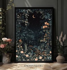 a painting on the wall with flowers in front of it and a crescent moon above