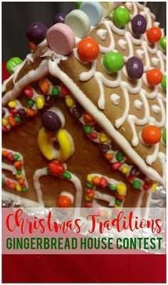 a gingerbread house with candy and candies on it's roof is featured in this christmas card