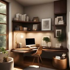 a computer desk sitting in front of a window next to a chair and bookshelf