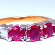 1.50ct Natural Rubies Ring. Round Brilliant Cut 4mm Each .25ct. Side Baguette Diamonds: H-Color Vs-2 Clarity. 18kt. Yellow Gold 7.1 Grams. Current Ring Size: 7 May Be Resized, Please Inquire. $4,000 Appraisal Certificate To Accompany Gia Certified Yellow Gold Ruby Ring For Anniversary, Anniversary Yellow Gold Gia Certified Ruby Ring, Gia Certified Baguette Cut Ruby Ring For Anniversary, Gia Certified Yellow Gold Ruby Ring With Round Cut, Natural Ruby, Baguette Diamond, Womens Jewelry Rings, Ruby, Gold Color