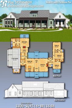 the floor plan for this modern home is shown in blue and white, with two story houses