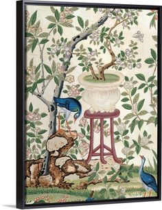 an artistic painting with birds and flowers on the wall, in front of a tree