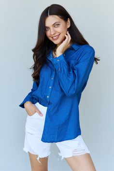 Dark Blue Shirt, Chambray Fabric, Denim Button Down, Cardigan Jacket, Polished Look, Denim Shirt, Denim Top, Favorite Jeans, Chambray