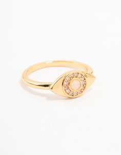 For a luxe addition to your stack, style our collection of gold plated cocktail rings. Perfect for styling on special occasions, or in your everyday stack! This dainty ring is plated with gold and features an evil eye design, perfect for protecting your energy. Material: Cubic Zirconia, Gold Plated Dimensions: Diameter 16mm x Band Width 2mm Weight: 4g | Lovisa Gold Plated Opulent Cubic Zirconia Evil Eye Ring, Size: Small/Medium, Clear Protecting Your Energy, Evil Eye Design, Evil Eye Ring, Eye Ring, Eye Design, Dainty Ring, Cocktail Rings, Real Gold, Evil Eye