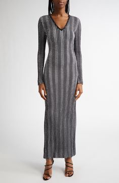 Sparkling is not optional when you step into this body-skimming maxi dress striped in silvery sequins from top to bottom. 53" length (size 4US/40IT) V-neck Long sleeves Unlined 55% viscose, 23% polyester, 22% polyamide Dry clean or hand wash, dry flat Made in Italy Designer Clothing Elegant Striped Maxi Dress For Party, Striped Fitted Maxi Dress For Party, Fitted Striped Maxi Dress For Party, Striped Long Sleeve Maxi Dress For Party, Striped Long Sleeve Evening Dress, Long Sleeve Knit Maxi Dress, Knit Maxi Dress, Nordstrom Dresses, Long Sleeve Knit