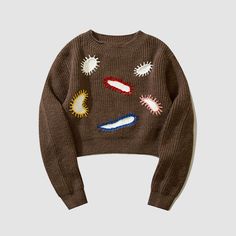 Features: Crop top Round neck Paramecium pattern embroidery Knitted construction Material: Acrylic fiber