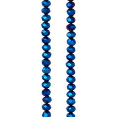 a long necklace with blue beads on a white background