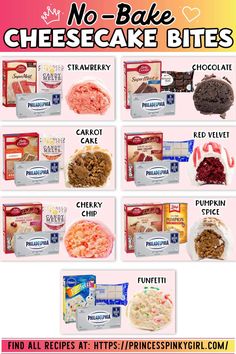 the ingredients for no bake cheesecake bites are shown in this poster, and there is