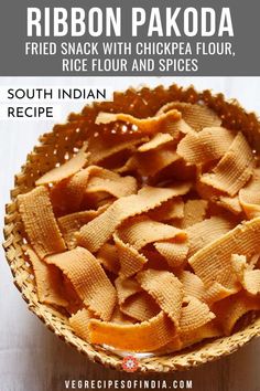 a bowl full of fried snack with chickpea flour, rice flour and spices