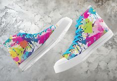 Step out in style with these custom printed high top trainer shoes, perfect for men, women or children who love colour and want a unique addition to their shoe collection. These multi-coloured Converse-style sneakers are customised with a neon paint splash design which is sure to turn heads.  The perfect gift for that special someone your life or as a fashion favourite for you! Stand out from the crowd and be unique! All our shoes are lovingly handmade to order, using high quality Converse style Waterproof High-top Sneakers For Streetwear, Customizable Casual Multicolor Sneakers, Casual Multicolor Customizable Sneakers, Casual Customizable Multicolor Sneakers, Casual Multicolor Custom Artwork Sneakers, High-top Sneakers With Custom Artwork And White Sole, Customizable Multicolor Sneakers For Streetwear, Custom Artwork High-top Sneakers With White Sole, White High-top Sneakers With Custom Artwork