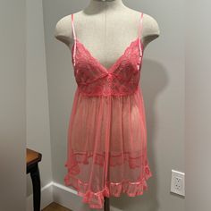 Victoria Secret Pink Sheer Lace Babydoll Style Nightie In Perfect Like New Condition! Ties In The Back. Lacy With Ribbons. Size Medium. Again, Looks To Be Brand New! Sheer Lace Sleepwear For Sleepover, Sheer Lace Chemise For Sleep, Sheer Summer Sleepwear For Bedtime, Sheer Spring Sleepwear, Coquette Chemise For Bedtime, Flirty Victoria's Secret Sleepwear, Sheer Fitted Nightgown For Bedtime, Lace Sleepwear With Spaghetti Straps For Sleepover, Feminine Sheer Sleepwear For Bedtime