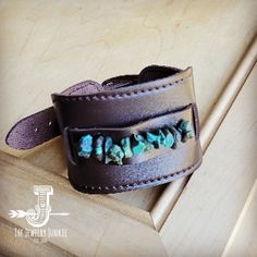 A wide dark leather cuff featuring natural turquoise chunks Leather Cuffs, Natural Turquoise, Handmade Accessories, Rustic Charm