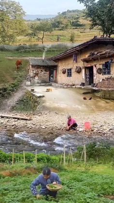 two people are sitting on the grass near a small house with a stream running through it