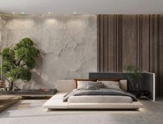 a modern bedroom with stone walls and flooring