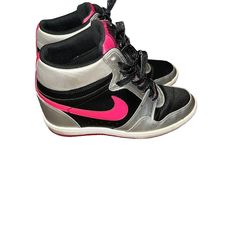 Women Nike Dunk Sky Hi Black/Pink /Silver Wedge Sneakers Size 8.5. Preowned No Box . Smoke Free Home Pink Nike Sporty High-top Sneakers, Casual Pink High-top Wedge Sneakers, Nike High Tops Pink And Black, Pink High-top Textile Sneakers, Sporty Pink Fade-resistant Sneakers, Silver Wedges, Wedge Sneakers, Nike Dunks, Womens Shoes Sneakers