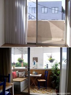 there are two pictures of the same room in this house, one is open and the other has sliding glass doors