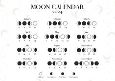 the moon calendar is shown in black and white, with phases for each month on it