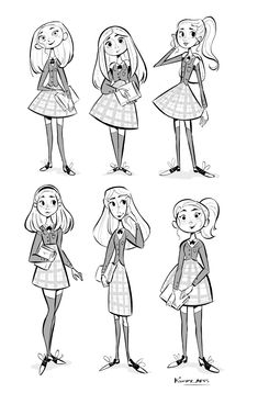 some cartoon girls with different outfits and hair, one is wearing a dress and the other has