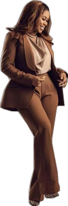 Brown Workwear Sets With Suit Collar, Elegant Brown Workwear Sets, Fall Solid Notch Lapel Sets, Winter Formal Pantsuit, Elegant Fitted Brown Pantsuit, Fall Office Wear Sets, Fall Season Office Lady Sets, Brown Sets For Workwear, Elegant Winter Pantsuit