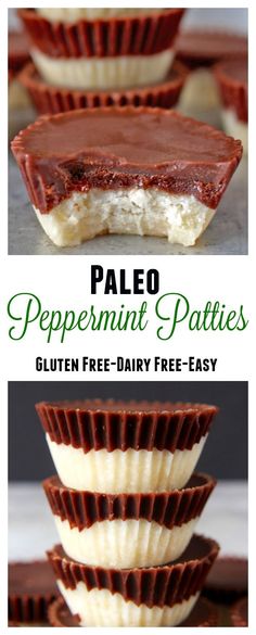 chocolate covered desserts stacked on top of each other with the words paleo peppermint patties