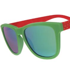 a pair of sunglasses with red and green frames