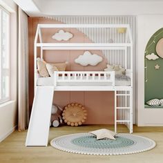 a child's bedroom with a bunk bed and slide in the corner, next to a painting on the wall