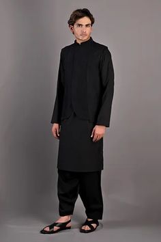 Shop for Bohame Black Haruka Embroidered Bundi And Kurta Set for Men Online at Aza Fashions Sleeveless Kurta, Long Kurta, Kurta Set For Men, Silk Kurta, Nehru Jackets, Dupion Silk, Satin Color, Black Abstract, Kurta Set