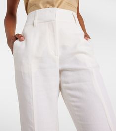 Rhein high-rise linen and wool-blend flared pants in white - Gabriela Hearst | Mytheresa Chic Cream Pants With Straight Hem, Elegant Beige Wide Leg Pants With Straight Hem, Classic White Flare Bottoms, Cream Linen Workwear Pants, Cream Linen Pants For Work, White Linen Bottoms With Straight Hem, Elegant Beige Bottoms With Straight Hem, Cream High-waisted Linen Pants, High-waisted Cream Linen Pants