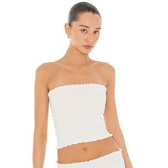 Nira Tube Top - Are You Am I White Ruched Sleeveless Tube Top, White Strapless Tube Top With Ruffles, White Strapless Ruffled Tube Top, White Ruffled Strapless Tube Top, White Ruched Bandeau Tube Top, White Sleeveless Fitted Smocked Top, White Fitted Sleeveless Smocked Top, White Smocked Bodice Tube Top, White Strapless Cotton Tube Top