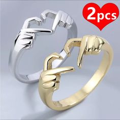 Brand New Set Of Two 925 Silver Sign Language Rings One Silver One Gold Size 6 Hands Love Couple, Romantic Hands, Couple Promise Rings, Intricate Carving, Hand Heart, Couples Modeling, Romantic Rings, Promise Rings For Couples, Romantic Heart