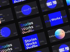 the stories works project logo is displayed in blue and purple colors on black background with different font styles