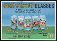 an advertisement for camp snoopy glasses with cartoon characters on the glass and in front of them