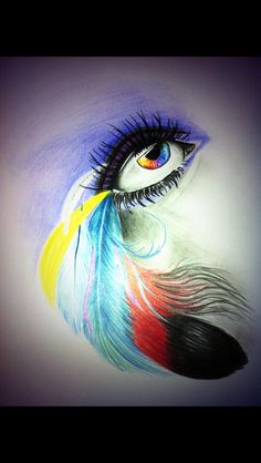 a drawing of an eye with colorful feathers on the iris's eyes and eyelashes