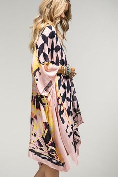 Gorgeous kimono with retro vibes! Love the contrast of pastels with black! - 100% Viscose - 38"x40" - One size fits all Chic Spring Loungewear Kimono, Spring Kimono With Abstract Print, Pink Kimono For Fall Vacation, Pink Fall Vacation Kimono, Multicolor Flowy Casual Kimono, Summer Kimono With Abstract Print, Flowy Multicolor Casual Kimono, Summer Kimono With Abstract Print And Kimono Sleeves, Multicolor Kimono With Kimono Sleeves