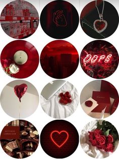 red and black collage with heart shaped items in the middle, surrounded by other images