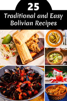 the cover of 25 traditional and easy bolivian recipes, including mussels