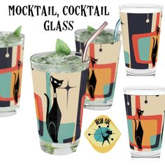 three glasses with cats on them and one has a straw in it