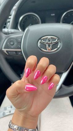 Hot Pink Acrylic Almond Nails, Hot Pink Gel X Nails, Vacation Nails Almond Shape Pink, Hot Pink Ombre Nails Almond, Short Nail Inspo Summer 2024 Simple, Hot Pink Crome Nails Almond, Strawberry Pink Chrome Nails, Bright Pink Nails With Chrome, Homecoming Nails Hot Pink