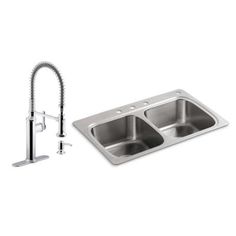 the kitchen sink and faucet are both stainless steel