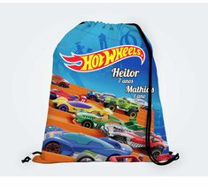 a drawsack bag with hot wheels on the front and sides, featuring various cars