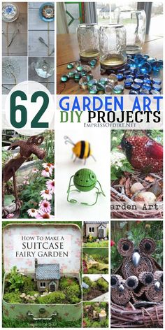 the cover of 52 garden art diy projects with pictures of birds, flowers and other things