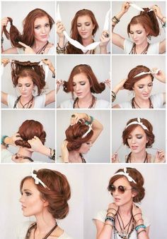 Прическа с повязкой Updo Curly, Hipster Hairstyles, Step By Step Hairstyles, Hairstyles Curly, Hair Updo, Vintage Hairstyles, Hair Hairstyles