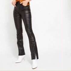 Size: 25 Black Coated Bootcut Leg With Slit Hems Faux Leather 70% Cotton, 20% Poly, 3% Elastane Zip Fly With Button Closure High-Rise Waisted New Without Tags Vegan Leather Pants, Free People Pants, Free People Black, Black Coat, Pant Jumpsuit, Vegan Leather, Leather Pants, Free People, High Rise