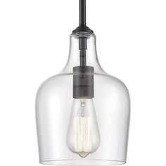 a clear glass light hanging from a ceiling fixture