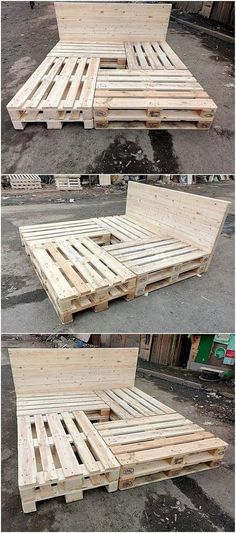 some wooden pallets stacked on top of each other in different stages of being assembled