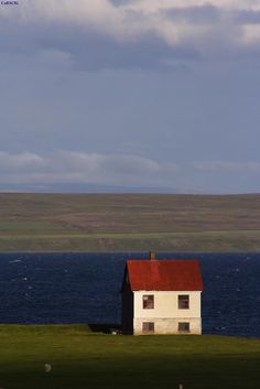 a white house sitting on top of a lush green field next to the ocean under a cloudy blue sky