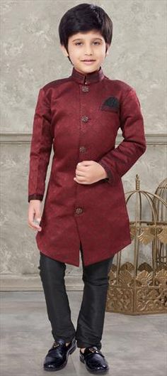 Red and Maroon color Boys Indo-Western in Jacquard fabric with Thread work Elegant Red Brocade Traditional Wear, Red Long Sleeve Traditional Wear With Traditional Patterns, Red Embroidered Brocade Set, Traditional Red Formal Sets, Embroidered Red Brocade Set, Red Brocade Traditional Wear For Eid, Red Winter Wedding Sets, Red Sets With Traditional Patterns And Long Sleeves, Red Wedding Sets For Winter