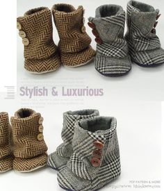 three pictures of baby shoes with different patterns