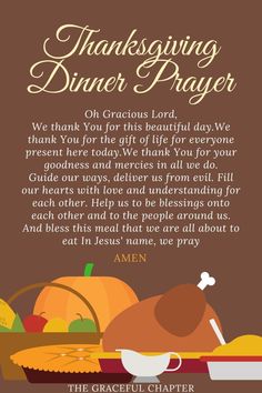 the thanksgiving dinner prayer is shown with an image of turkey and other foods on it